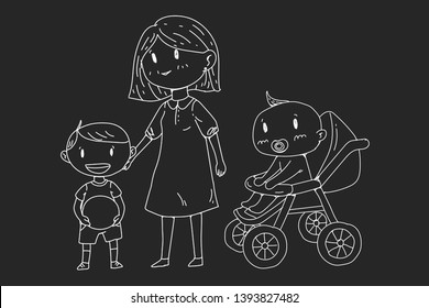 Mother or teacher with little children