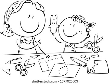 Mother or teacher and a little girl enjoy crafting together, outline