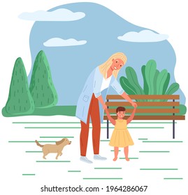 Mother teaches her child to walk. Baby takes first steps. Family is walking in summer park. Parent spends time with child in nature. Mom holds baby by hands while walking with dog vector illustration