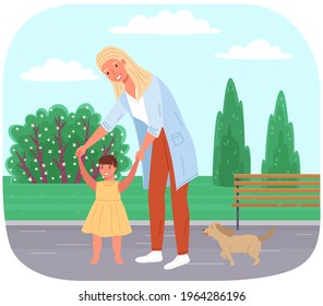 Mother teaches her child to walk. Baby makes first steps. Family walking in summer park with their dog. Parent spends time with child in nature. Mom holds baby by hands while walking with pet