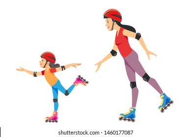 Mother teaches her daughter to ride roller skates. Mother's day. Family Fitness Outdoor, Physical Activity on Open Air, Healthy Lifestyle. Isolated vector illustration in cartoon style