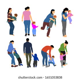 Mother teaching baby to talk vector. Kindergarten teacher nanny working with kid. First steps in life. Parent support child. Mom love little boy. Babysitter care about cute baby. Young woman and son.