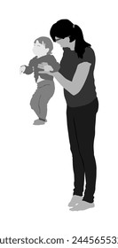 Mother teaching baby vector isolated. Kindergarten teacher nanny working with kid. Parent support child. Mom love little boy care. Babysitter care about baby. Young woman and son fun playing game.