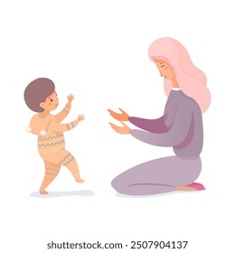 Mother teaching baby to walk. First kids steps. Mom playing with little child. Loving relationship and care. Children growth and development. Happy family moments. Vector illustration.