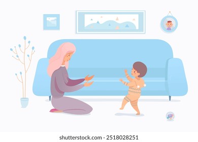 Mother teaching baby to walk. First kids steps. Mom playing with little child. Loving relationship and care. Children growth and development. Happy family moments. Vector illustration.