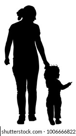Mother teaching baby to walk, vector silhouette isolated on background. First steps in life. Parent support child. Mom love little boy. Babysitter care about baby. Young woman and son happy family.