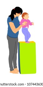 Mother teaching baby to walk, vector. Kindergarten teacher nanny working with kid. First steps in life. Parent support child. Mom love little boy. Babysitter care about cute baby. Young woman and son.