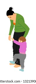 Mother teaching baby to walk, vector. Kindergarten teacher nanny working with kid. First steps in life. Parent support child. Mom love little boy. Babysitter care about cute baby. Young woman and son.