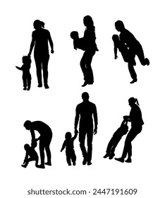 Mother teaching baby to walk, vector silhouette isolated. Kindergarten teacher nanny working with kid. First steps in life. Parent support child. Mom love little boy. Babysitter care baby. Woman son.