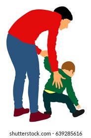 Mother teaching baby to walk, vector illustration isolated on white background. First steps in life. Parent support child. Mom love little boy. Babysitter care about cute baby. Young woman and son.