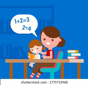 Mother teaching basic math to her little daughter. Kid learning basic mathematics with parent. Flat style vector illustration.