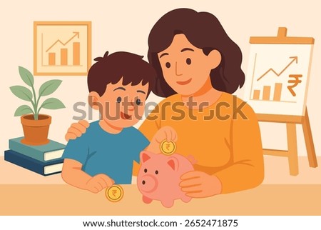 Mother teaching a child about saving money using a piggy bank, with financial growth elements like charts and currency symbols in the background