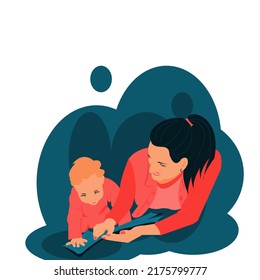 Mother teaching child at home. Happy son and young Mum reading book together.Mum reading fairy book to baby kid at home. Vector isolate flat design of Happy Mother's Day.Modern maternity illustration