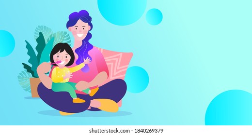 Mother teaching children to brush teeth. How to Brush Her Teeth. Vector Illustration.