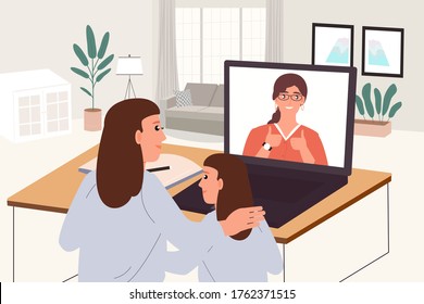 Mother Teaching Course Online  Daughter. Student Studying Online Classes At Home Stay Safe From COVID-19 Virus.Vector Concept Mom Teaching Kid Girl On Laptop Computer From Home. Flat Illustration.