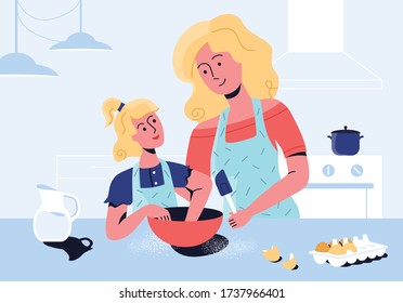 Mother teaching daughter to cook healthy food together at home. Forming healthy eating habits for children