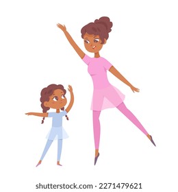 Madre enseñando a su hija a bailar en la clase de ballet ilustrando el vector. Bailarinas de dibujos animados de mamás y niñas con vestidos de bailarina azul y rosa, un niño lindo y feliz y una joven bailando juntos