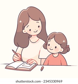 mother teaching daughter do homework on table
