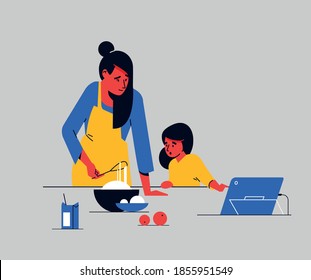 Mother teaching daughter how to cook at home. Isolated vector illustration on grey background.