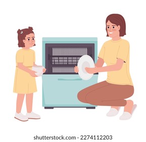 Mother teaching daughter loading dishwasher semi flat color vector characters. Editable figures. Full body people on white. Simple cartoon style spot illustration for web graphic design and animation