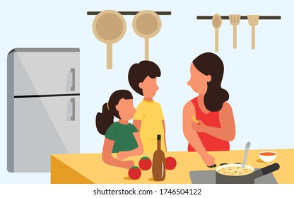 Mother is teaching daughter and son to cook in the kitchen at home. Parents teaching kids at home Concept Vector and Illustration.