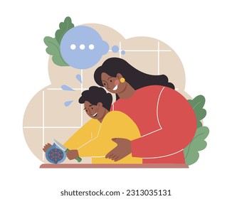 Mother teaching her child how to cook. Family making food in the kitchen together. Mom and little boy following recipe. Parenting and family bonding. Flat vector illustration