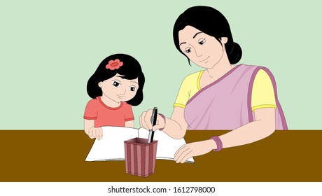 mother is teaching her child to learn to write - illustration