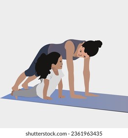 The mother is teaching her daughter to exercise in the morning
