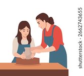 Mother is teaching her daughter how to shape a clay vase on a pottery wheel. Flat vector illustration isolated on white background