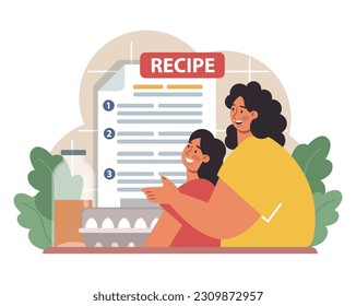 Mother teaching her daughter how to cook. Family making food in the kitchen together. Mom and little girl following recipe. Parenting and family bonding. Flat vector illustration