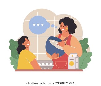 Mother teaching her daughter how to cook. Family making food in the kitchen together. Mom and little girl following recipe. Parenting and family bonding. Flat vector illustration