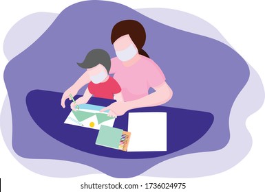 Mother teaching her daughter,  Wearing protective mask, Mother helps and teach children how to drawing.