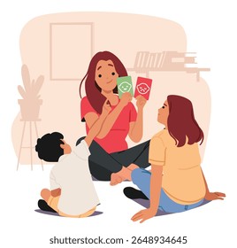Mother teaching her elder daughter and younger son showing cards with different human facial emotions to develop children emotional intelligence sitting on floor cartoon scene vector illustration