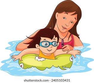 Mother teaching her son about swimming vector illustration