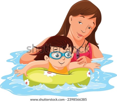 Mother teaching her son about swimming vector illustration