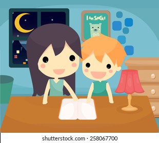 mother teaching her son to do  homework.vector