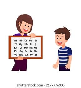 mother is teaching her son the letters of the alphabet