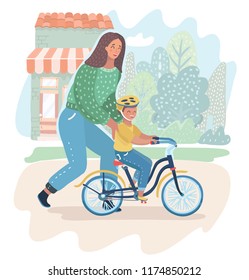 Mother teaching her son to ride bike for the first time. Mom teach her boy kid cycling on the nature. Parenting, motherhood concept. Vector cartoon illustration in modern concept