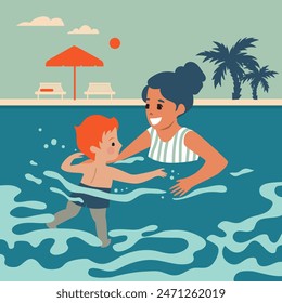 Madre enseñando a su hijo a nadar. Mamá e hijo nadan juntos en la piscina. Actividades de verano. Días festivos en un hotel todo incluido. Ilustración de estilo plano