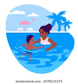 Madre enseñando a su hijo a nadar. Mamá e hijo nadan juntos en la piscina. Actividades de verano. Días festivos en un hotel todo incluido. Ilustración de estilo plano