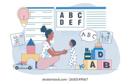 Uma mãe ensinando seus ABCs infantis com brinquedos, livros e blocos em um ambiente de aprendizagem lúdico, estilo de desenho animado em um fundo azul claro. Conceito de educação infantil. Ilustração vetorial