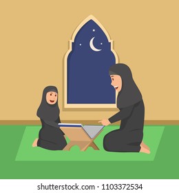 Mother Teaching His Daughter Quran, Praying To Alloh, Blessing Ramadhan, Flat Vector Cartoon