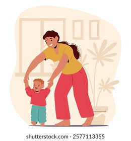 Mother teaching infant son kid to make first steps enjoying happy family time together at home cartoon scene. Mom holding child hands leading baby to develop walking skills vector illustration