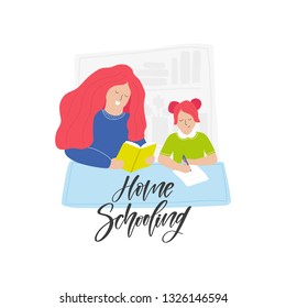 Mother teaching kid at home. Vector home schooling concept illustration, with handwritten calligraphy