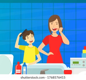 Mother Teaching Son to Clean Teeth, Loving Mom and Her Child in Everyday Life at Home Vector Illustration