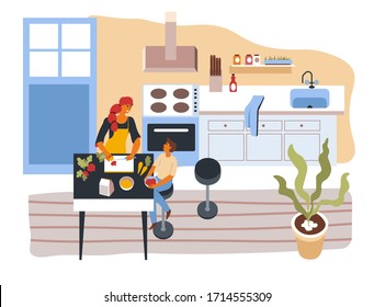 Mother teaching son to cook dishes, boy helping mommy to prepare dinner or breakfast for family. People in kitchen making salad of vegetable, vegetarian menu for vegans. Vector in flat style