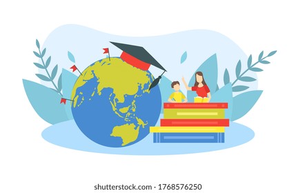Mother Teaching Son at Home, Mother Helping her Child with Homework Vector Illustration