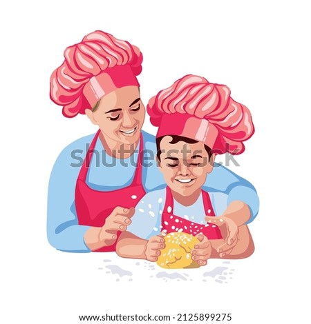 Mother teaching son how to cook and knead dough, advertisement for cooking blog teaching cooking and baking. Little cook in a cap.