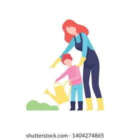 Mother Teaching Son to Water Plants, Mom and Kid Spending Time Together Vector Illustration