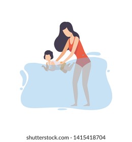 Mother Teaching To Swim Her Little Son, Happy Mom and Son Enjoying Summer Vacation on Seashore Vector Illustration